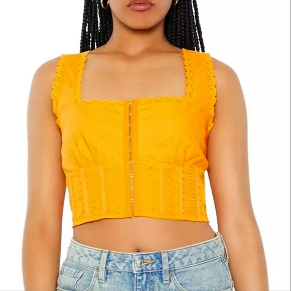FOREVER 21 Lace Trim Corset Cotton Crop Top In Orange. Size Small NWT - Picture 1 of 16